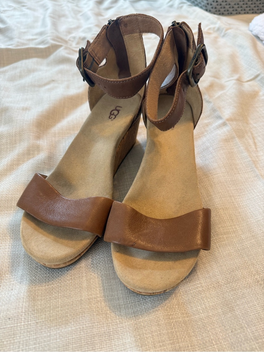 UGG Tan Leather Ankle Strap Wedge Sandals